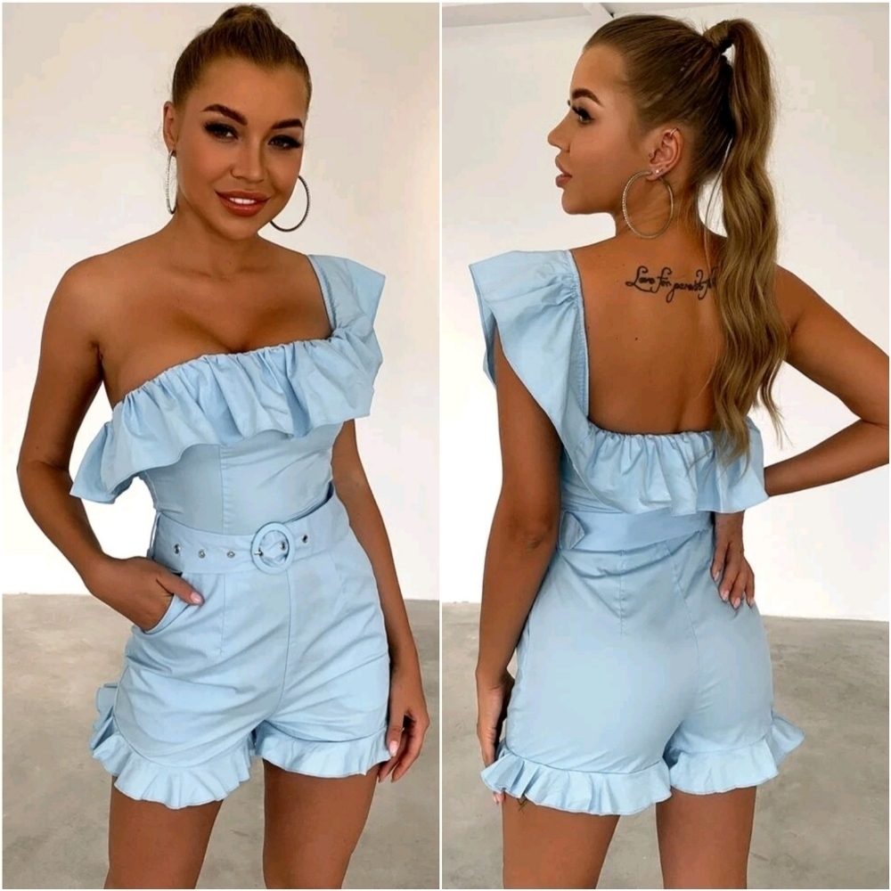 NWT Robyn Egg Blue One Shoulder Ruffle Trim Belted Romper